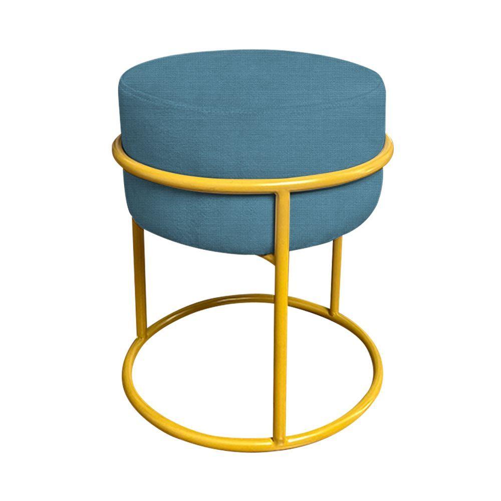 Miniatura Puff Luma Linho Azul Com Base De Aço Amarela - Azul