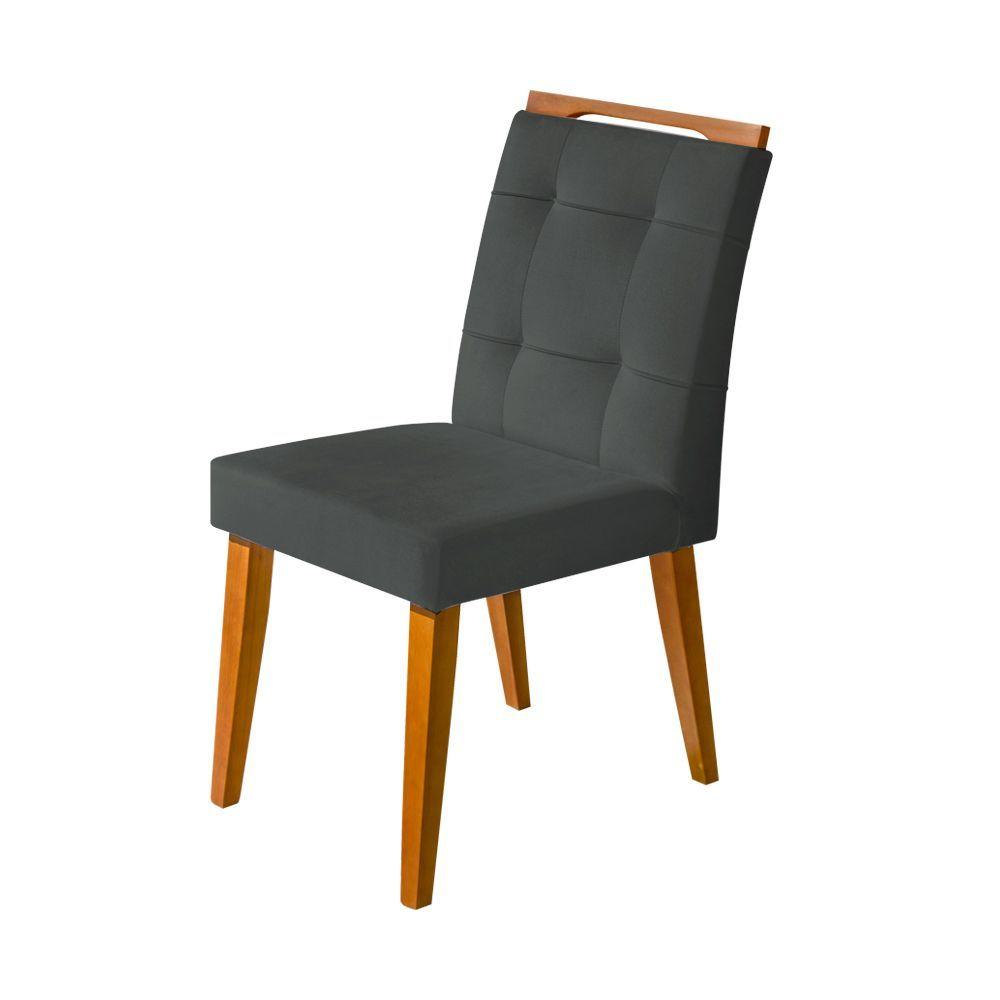 Miniatura Kit 2 Cadeiras Jantar Agatá Estofadas Linho Chumbo Com Alça Madeira Maciça Mel - Cor: Cinza