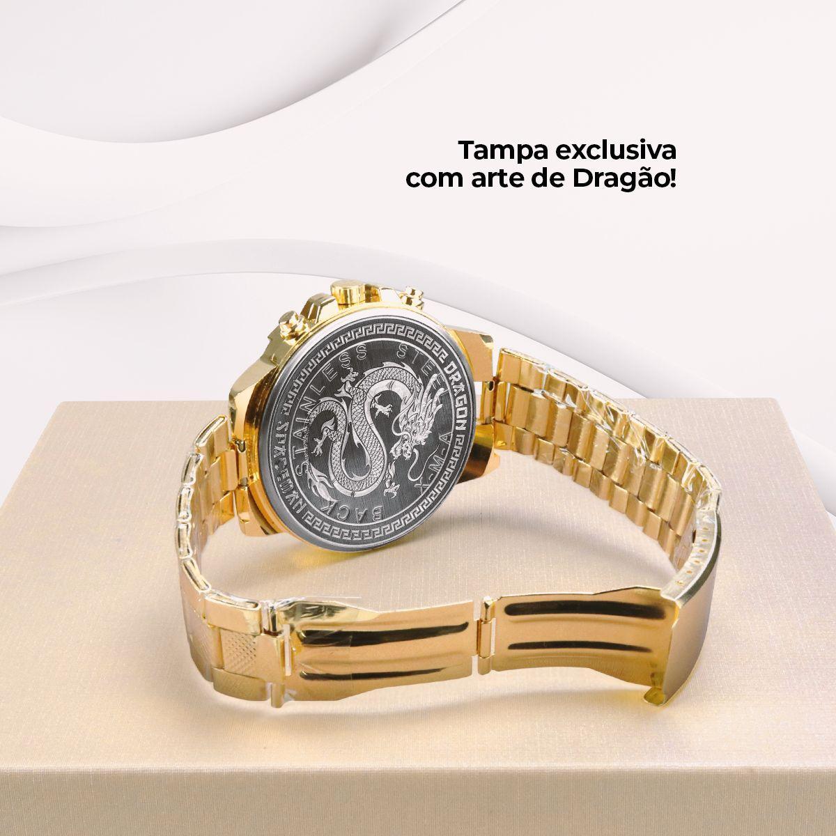 Miniatura Relógio Masculino Banhado A Ouro + Cordão + Pingente Cruz +