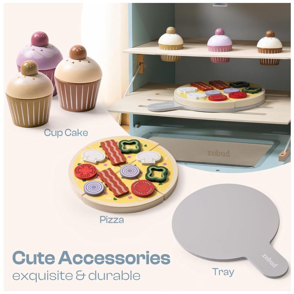 Miniatura Forno de Cozinha Educativa de Brincar em Madeira ROBUD, com Mini Cupcakes e Pizza, para Crianças - Brinquedo Realista de Forno de Madeira