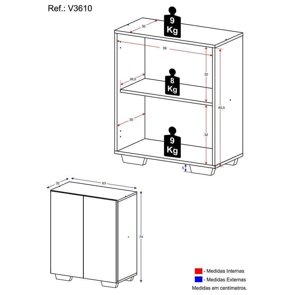 Aparador Buffet 2 Portas Com Pés Quadrados Veneza Multimóveis V3610 Preto/Branco Preto/Branco