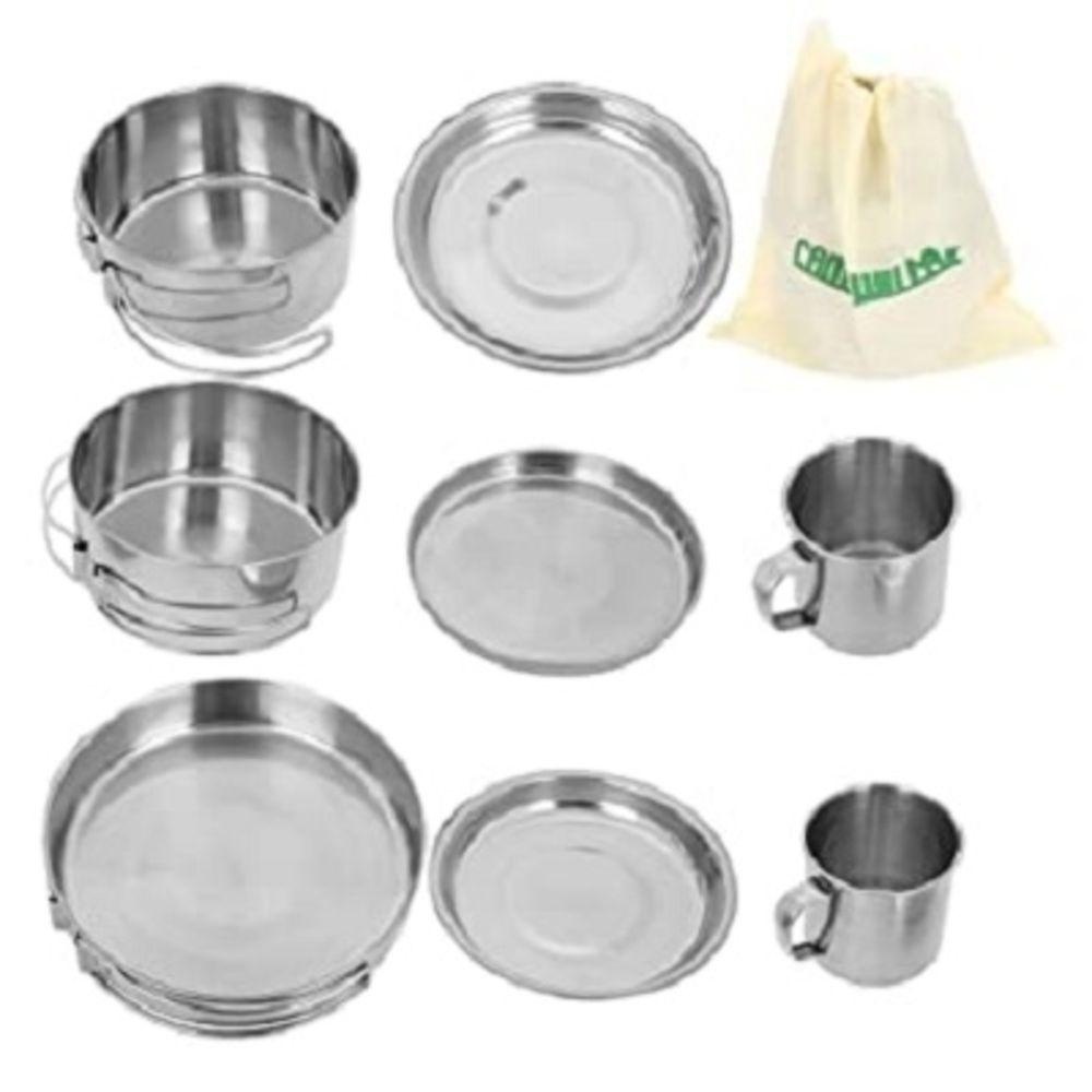Miniatura Kit Panelas Em Inox Camping Cozinha Acampamento Outdoor Completo 8 Peças Panela Viagem Praia Pesca