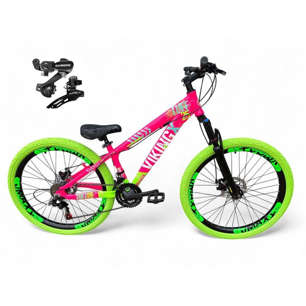 Miniatura Bicicleta Aro 26 Vikingx Tuff X25 Freeride Câmbios Shimano 21v Freio A Disco Aros Vmaxx Pneu Flame - Rosa-verde