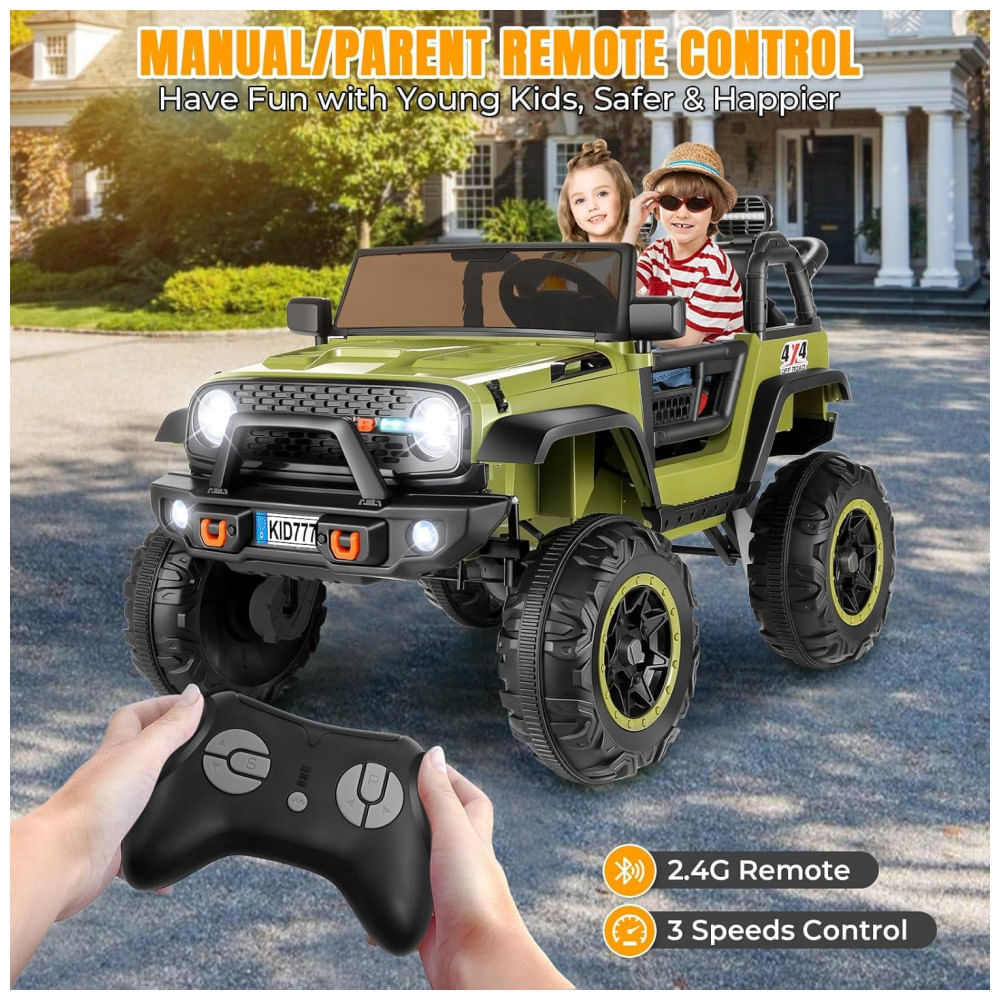 Miniatura Carro Elétrico Infantil, Jeep 4x4 com Controle Remoto, 2 Lugares, Música via Bluetooth e Luzes LED, 24V, Hikole, Verde 110v
