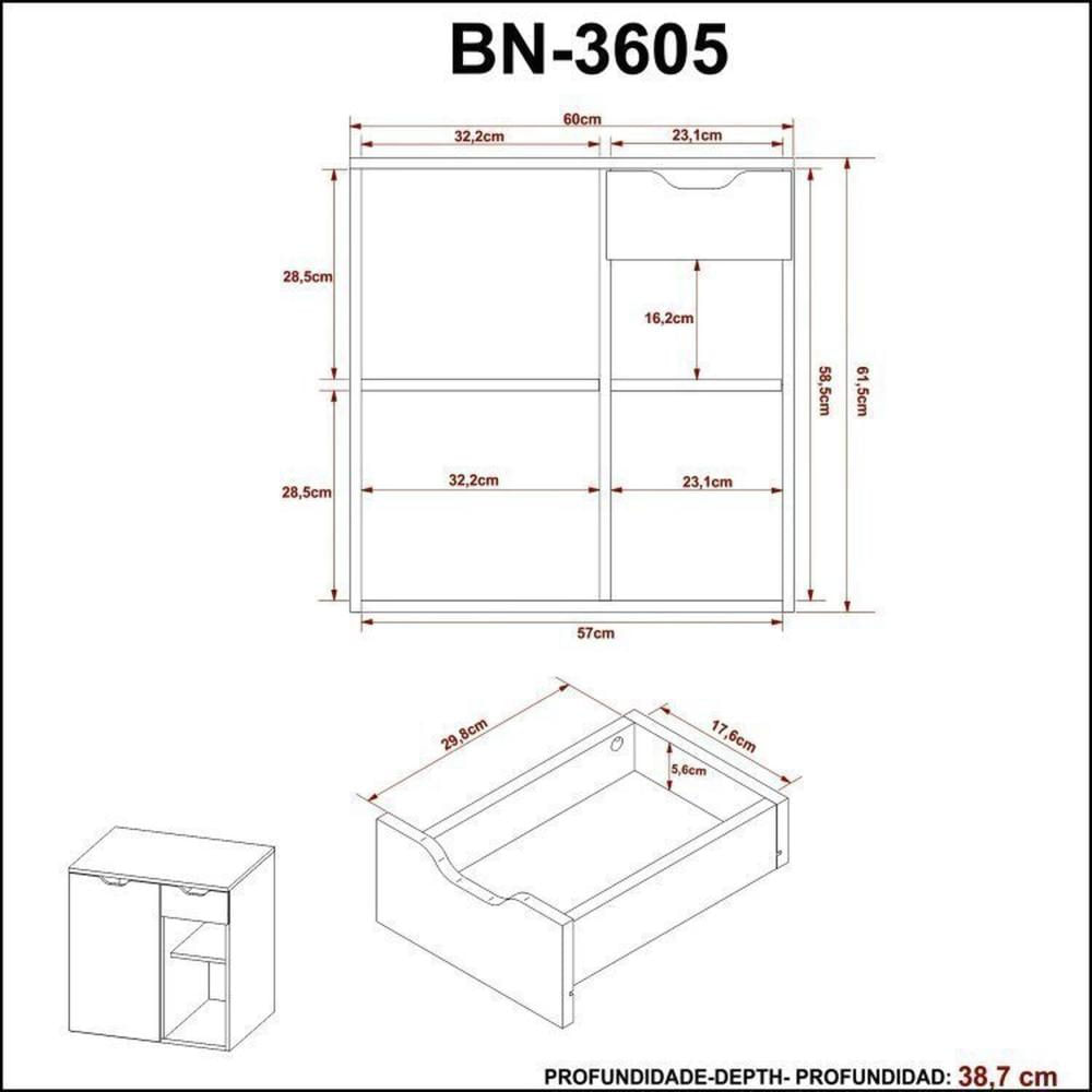 Conjunto de Banheiro com Gabinete Suspenso 60cm e Espelheira 3 Nichos Mármore/Branco
