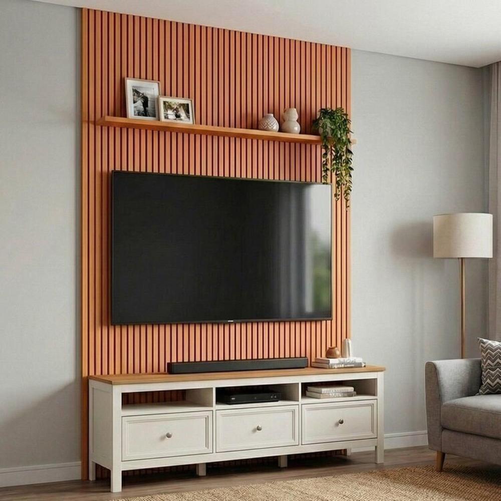 Miniatura Rack Ananda com Painel Aloe para Tv até 75 Polegadas em Mdf Tampo Madeira Maciça Madeira Originals nature / Off white