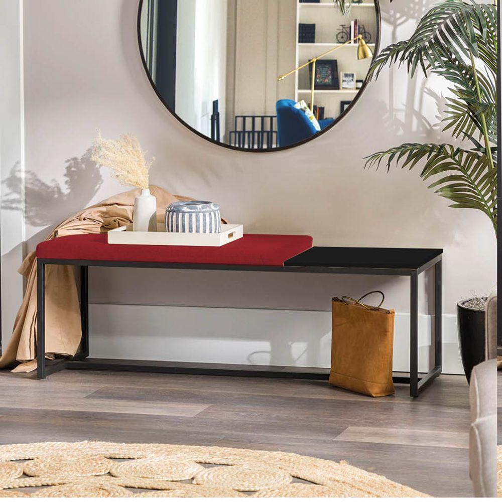 Miniatura Banco Recamier Puff 160cm Industrial Preto Suede Vermelho Tampo Quadrado Mdf Preto