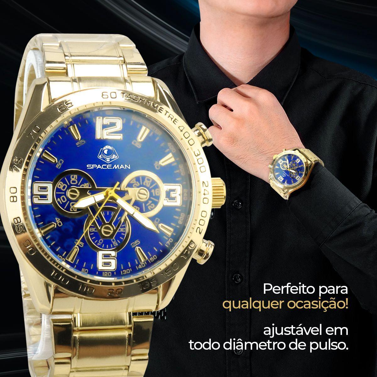 Miniatura Relogio Masculino Dourado Prova Dagua + Crucifixo + Pulseira