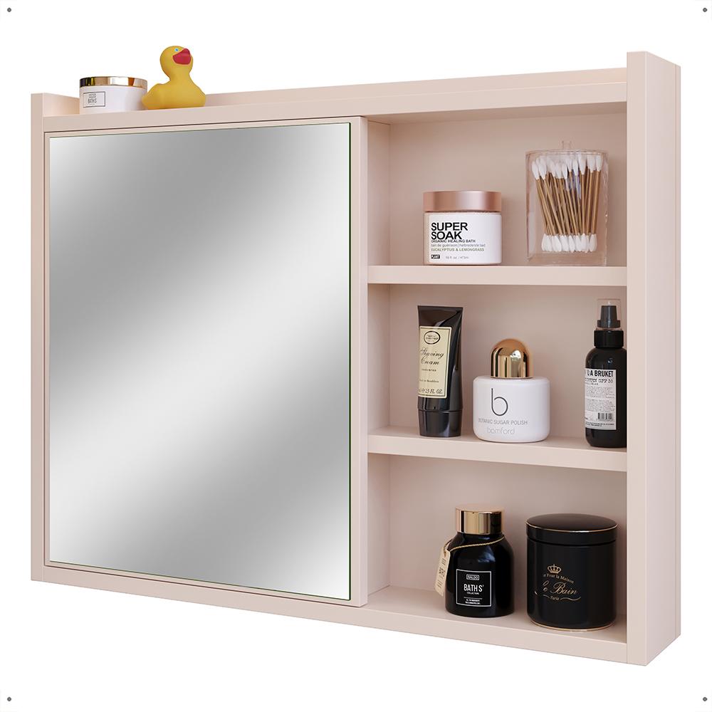 Miniatura Espelheira Armário Banheiro 60 cm Espelho Porta Prateleira Organizadora Lavabo Luxo - Off White
