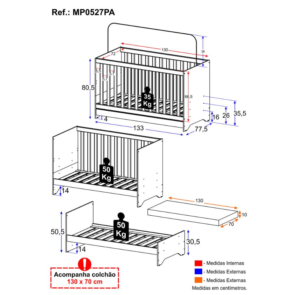 Miniatura Berço Americano 3 em 1 com Colchão Incluso Multimóveis MP0527PA Branco