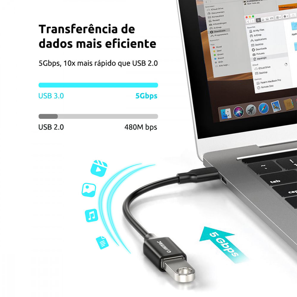 Cabo Comtac USB-C Para USB 3.0 Femea 0.2 Metro Preto - 12 Meses - USB-C, USB-A - Cabo Comtac USB-C Para USB 3.. - Cabo Conversor - Garantia do Fabricante