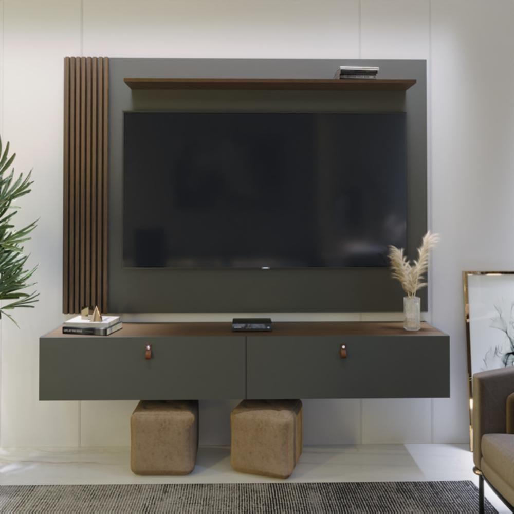 Rack Com Painel Ripado Suspenso Para Tv Até 70 Polegadas 2 Portas Grécia 180cm Cinza