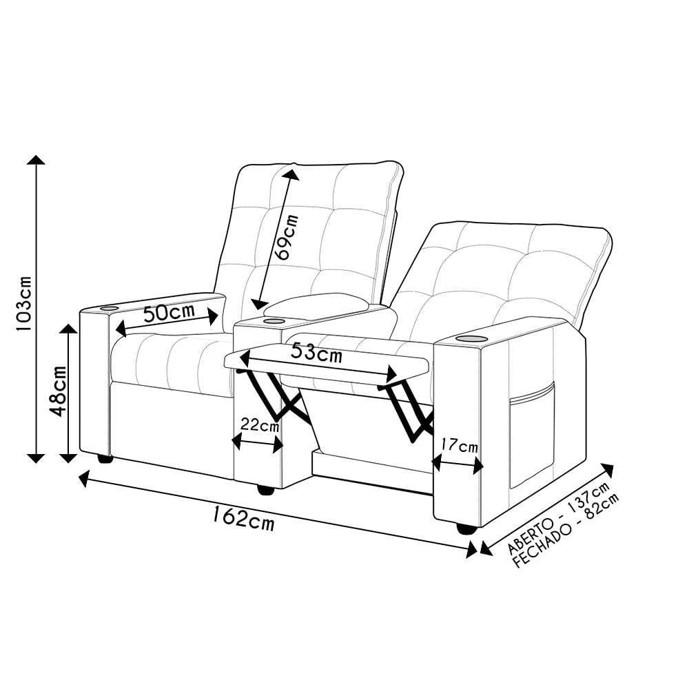 Poltrona De Cinema Reclinável 2 Lugares Baú Usb Mallie Fh9 Veludo Bege - Mpozenato