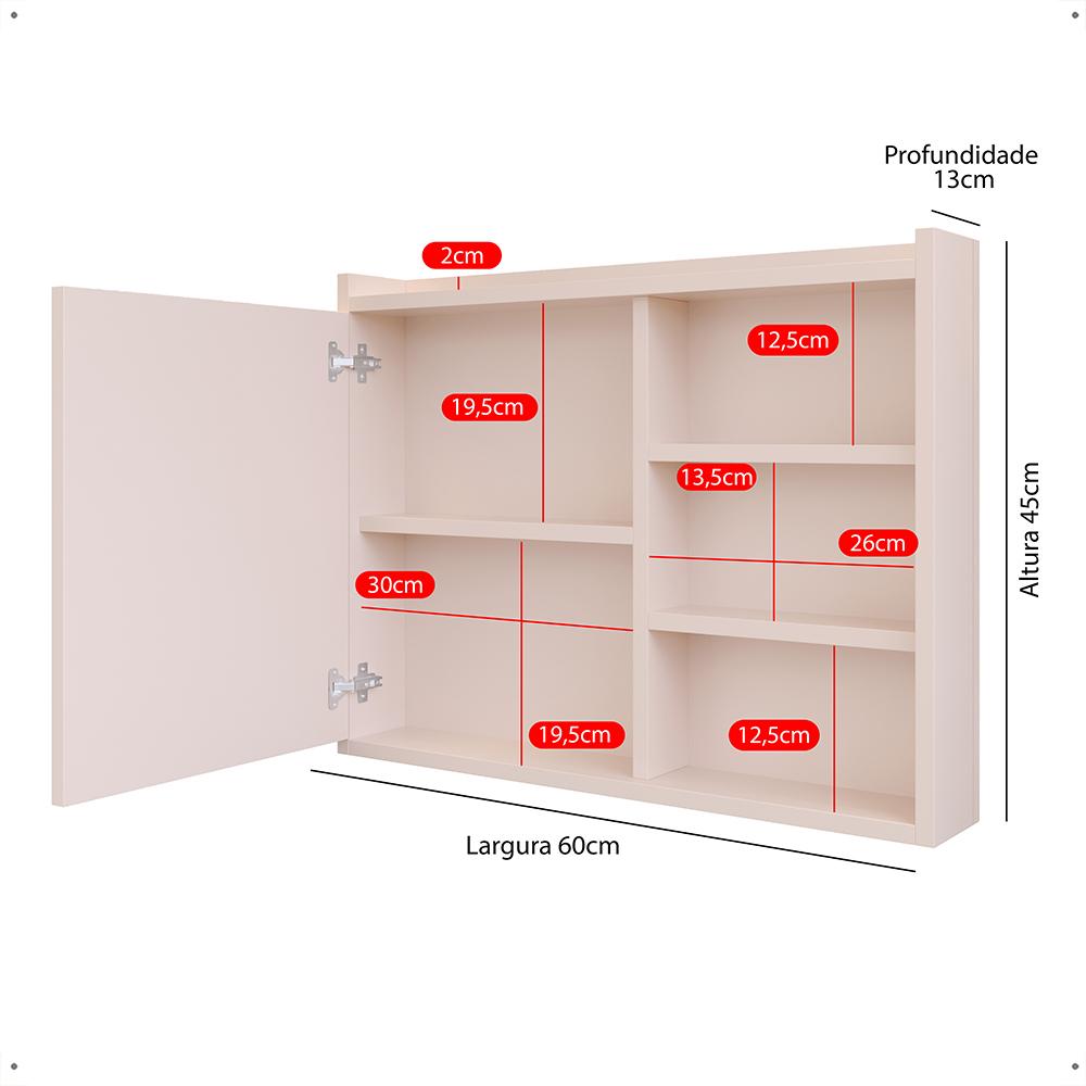 Miniatura Espelheira Armário Banheiro 60 cm Espelho Porta Prateleira Organizadora Lavabo Luxo - Off White