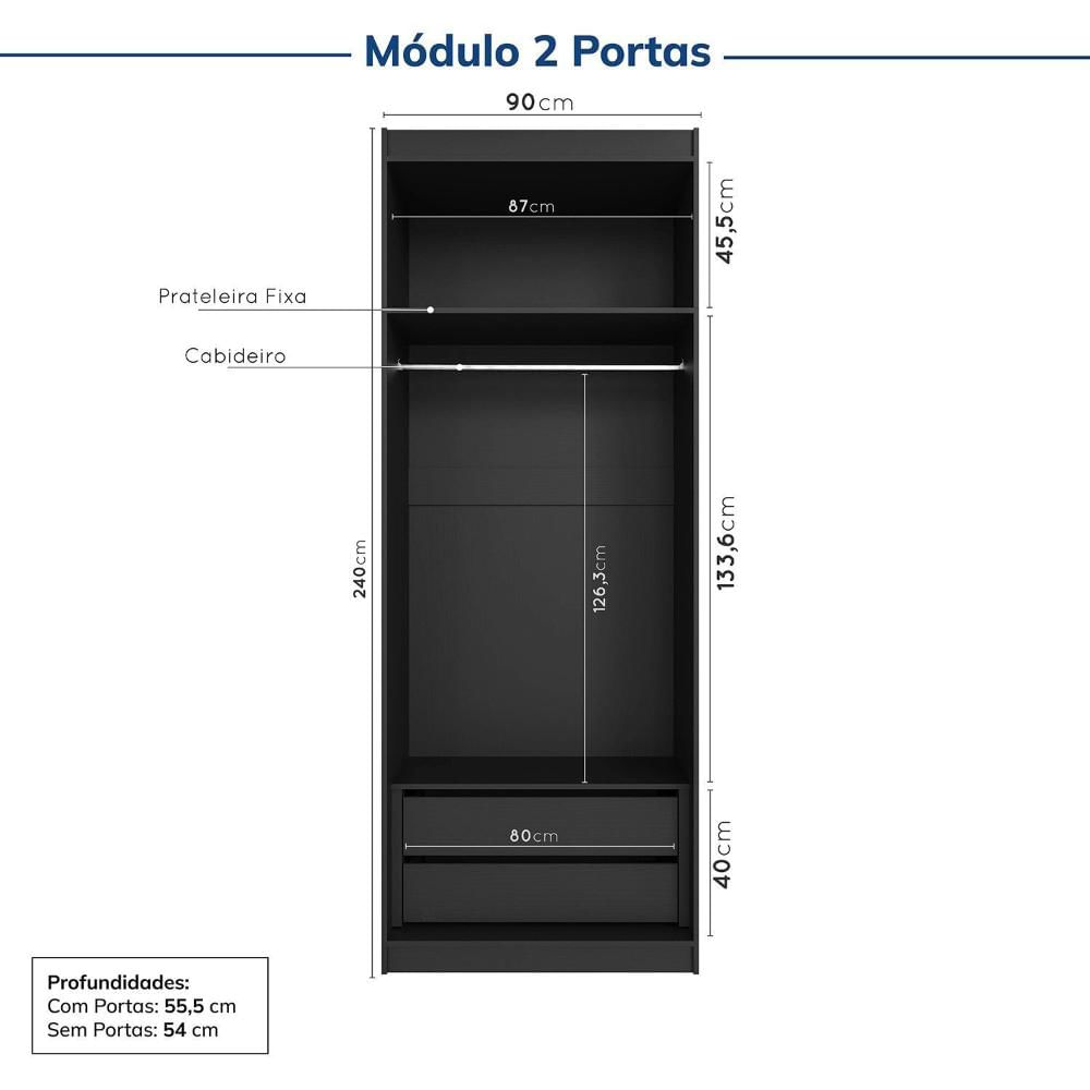 Guarda-roupa Modulado 2 Portas 3 Peças Hera Cabecasa Madeiramadeira Preto