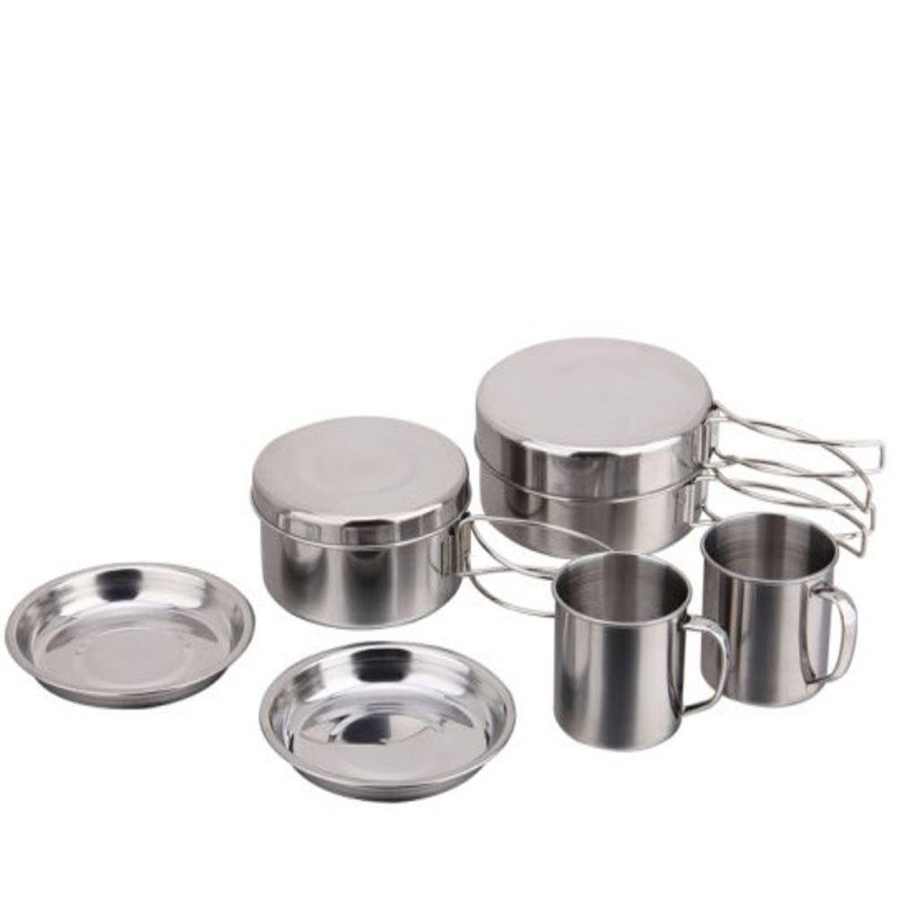 Miniatura Kit Panelas Em Inox Camping Cozinha Acampamento Outdoor Completo 8 Peças Panela Viagem Praia Pesca