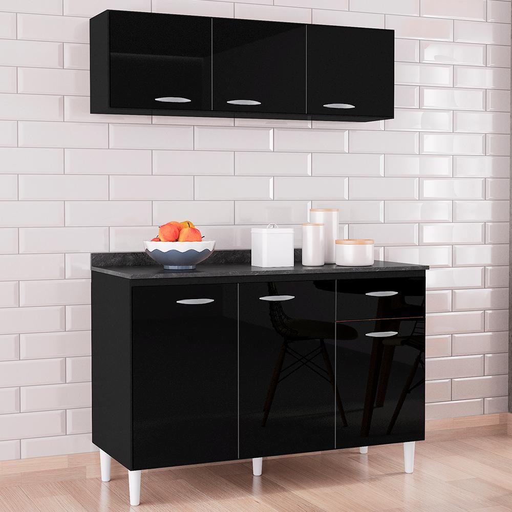 Miniatura Armario Aereo 3 Portas E Balcao 120 Cm Preto Poqq Preto