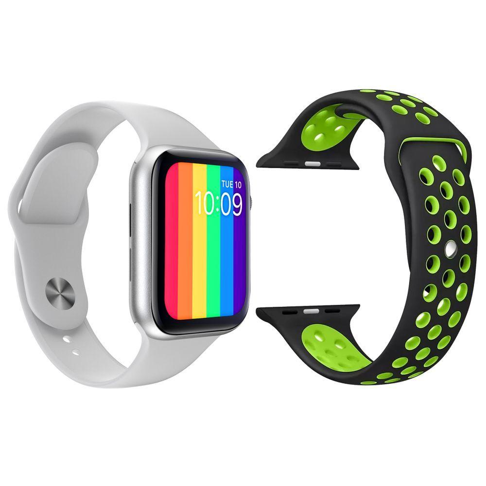 Miniatura Kit 1 Relógio Smartwatch Iwo12 Branco+1 Pulseira Preto Verde