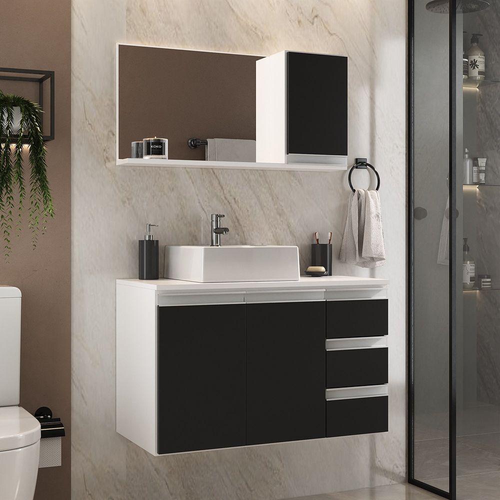 Miniatura Conjunto Gabinete Banheiro Prisma 80cm Gabinete + Cuba + Espelheira Branco Preto