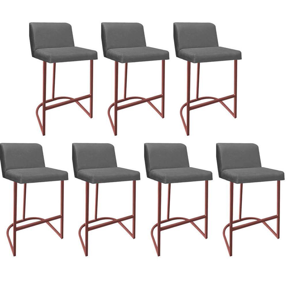 Miniatura Kit 07 Banquetas Com Encosto Confort Bistrô Cozinha Ferro Bronze Sintético Cinza - Amey Decor