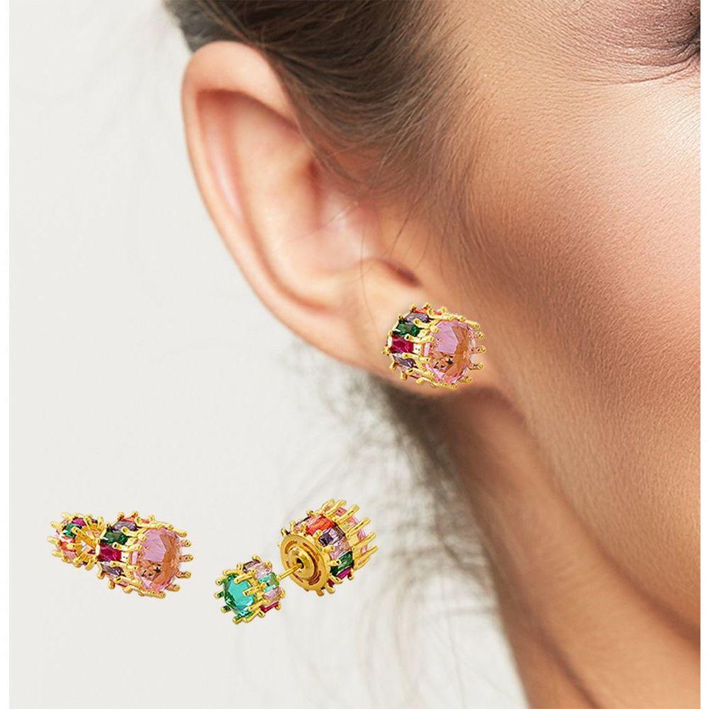 Miniatura Brinco Colorido Delicado, Cravejado Com Zirconias Banhado A Ouro 18k - Rosa