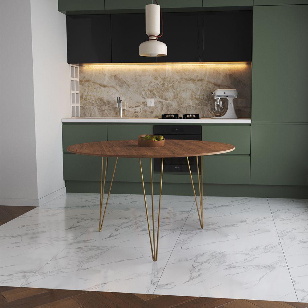 Miniatura Mesa De Jantar Redonda 110Cm Amêndoa Clips 3 Pés Base Dourado