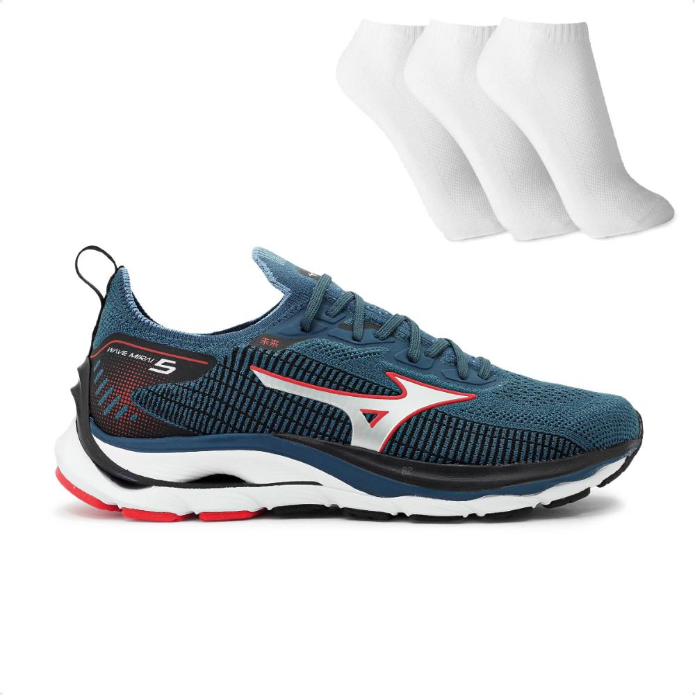 Miniatura Tênis Mizuno Wave Mirai 5 Masculino + 3 Pares de Meias Azul / Petróleo - 38