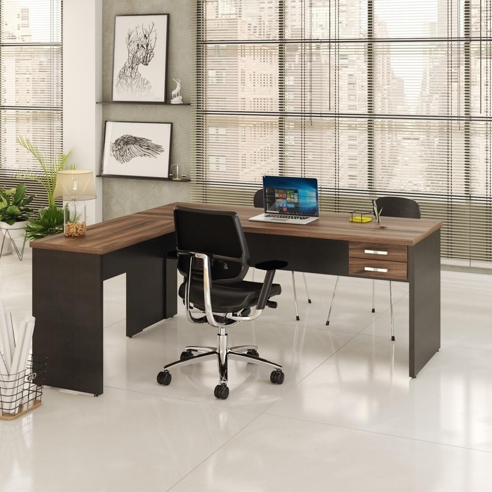 Miniatura Mesa Para Escritório Em L 1,80x1,60m Tampo E Pés 30mm Com Gaveta Nogal Compreto Ônix