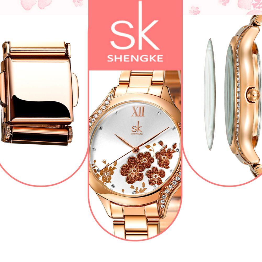 Miniatura Relógio Feminino Moda Elegante Flores Pulseira Em Inoxidável