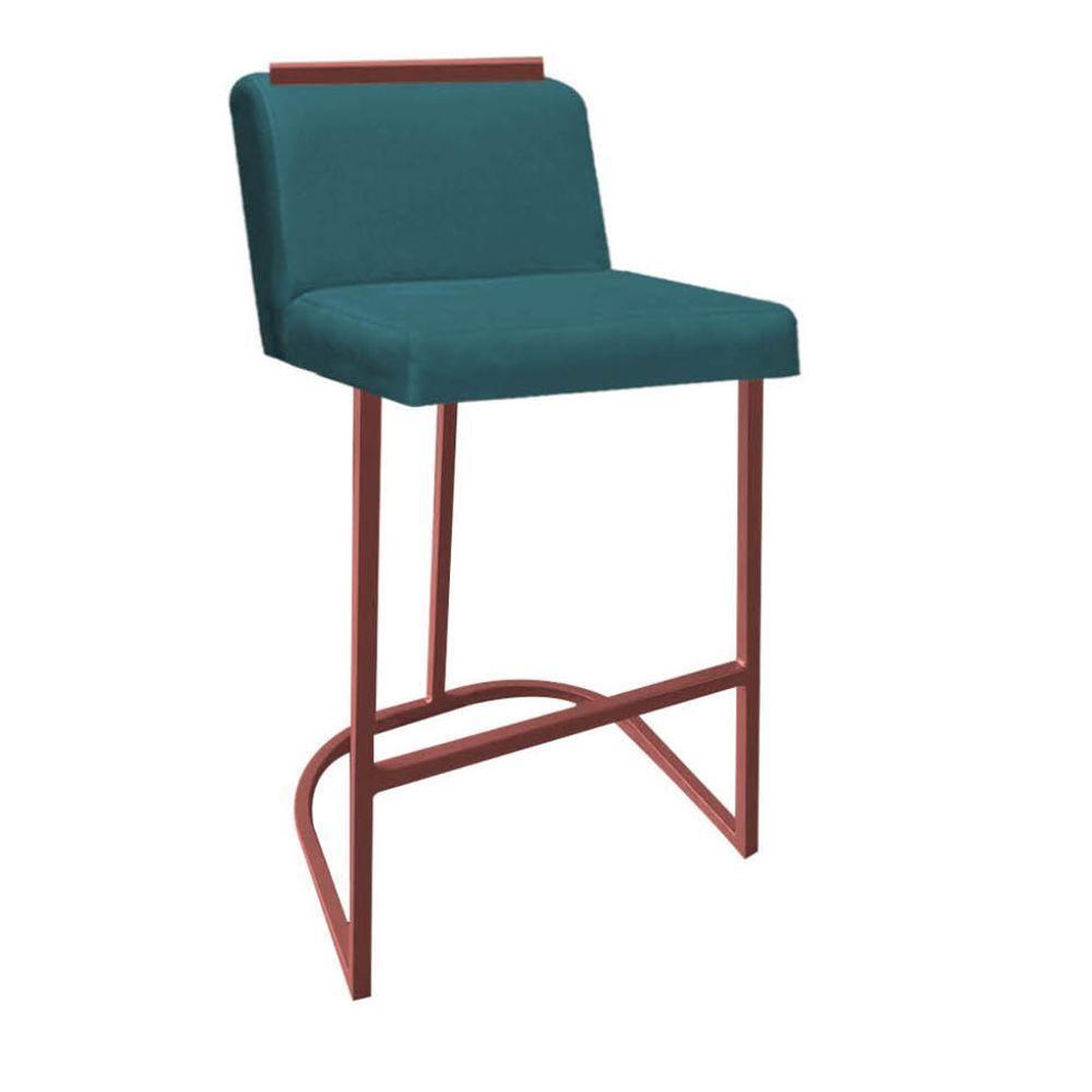 Miniatura Banqueta Com Encosto Ninna Bistrô Cozinha Aplique Ferro Bronze Suede Azul Turquesa - Ahazzo Móveis
