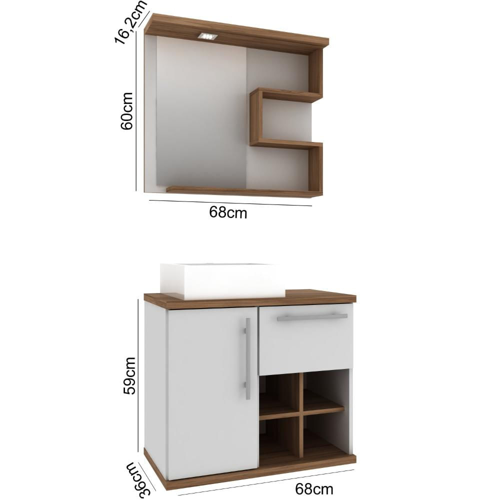 Gabinete para Banheiro 70cm com Cuba e Espelheira Veneza Móveis Bosi Nogal/Branco