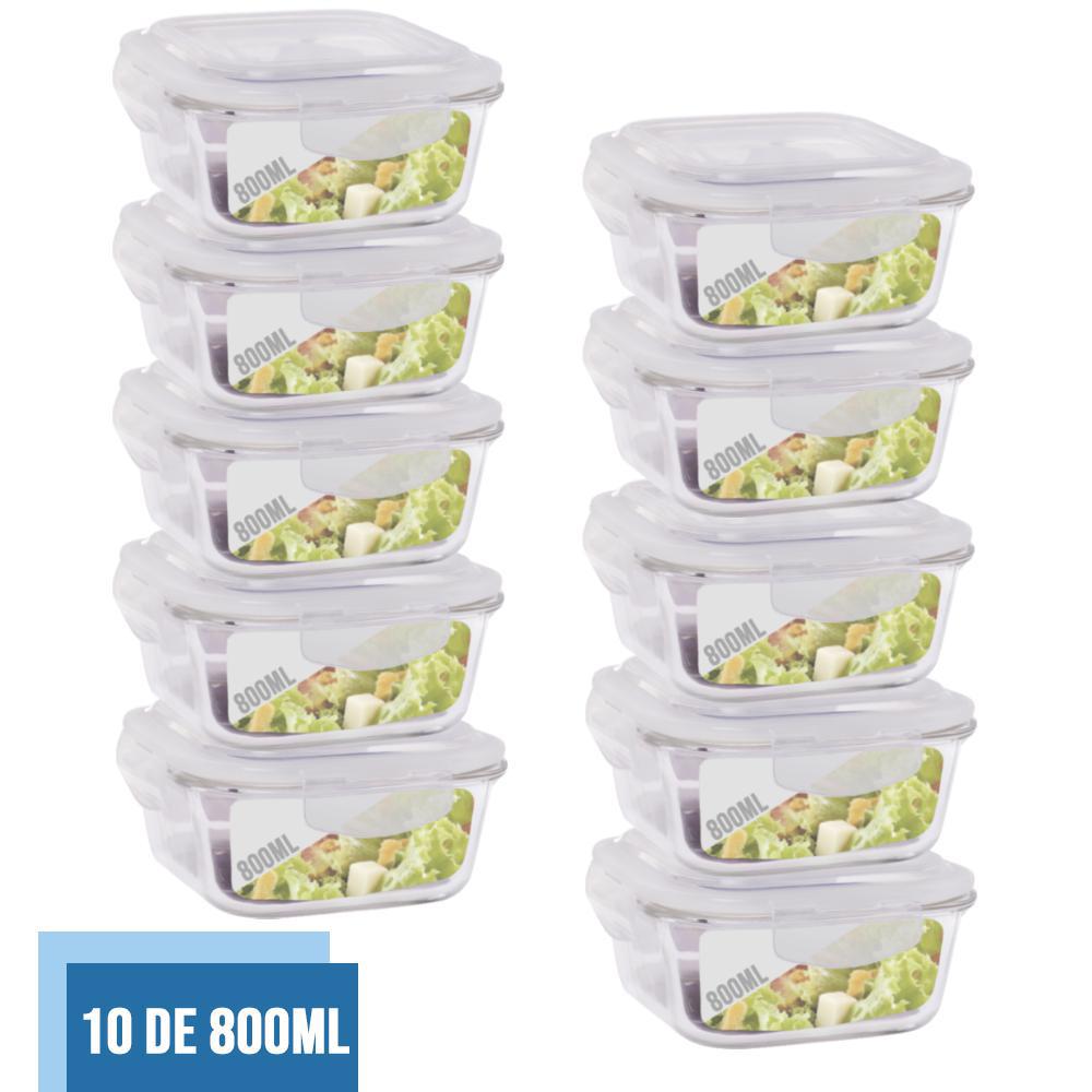 Miniatura Conjunto 10 Pote Vidro 800Ml Hermético Marmita Tampa 4 Trava