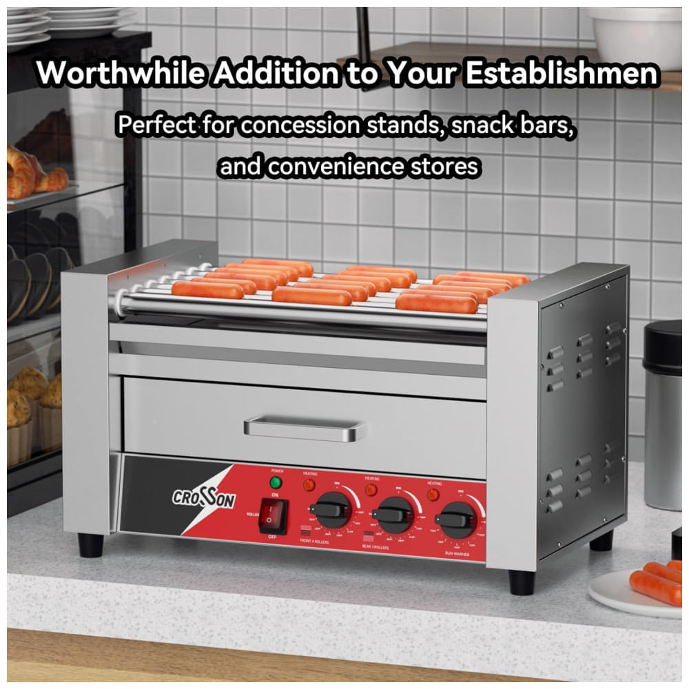 Miniatura Máquina de Salsicha Hot Dog Grill CROSSON, 7 rolos antiaderentes, aquecedor de pães, comercial, inox 304, 110V, 1350W, ideal para cozinhar 110v