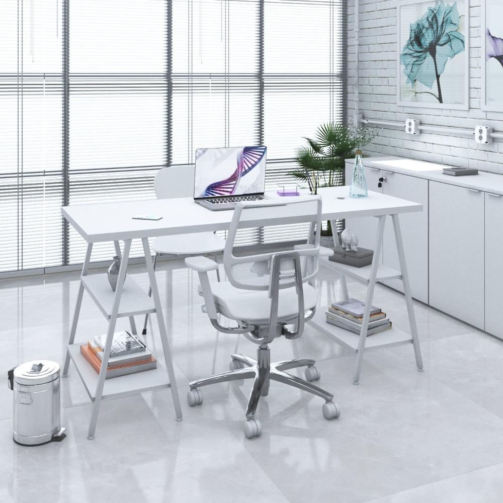 Escrivaninha Cavalete 150cm 4 Prateleiras Estilo Industrial Kuadra Branco Chess / Est.Branca