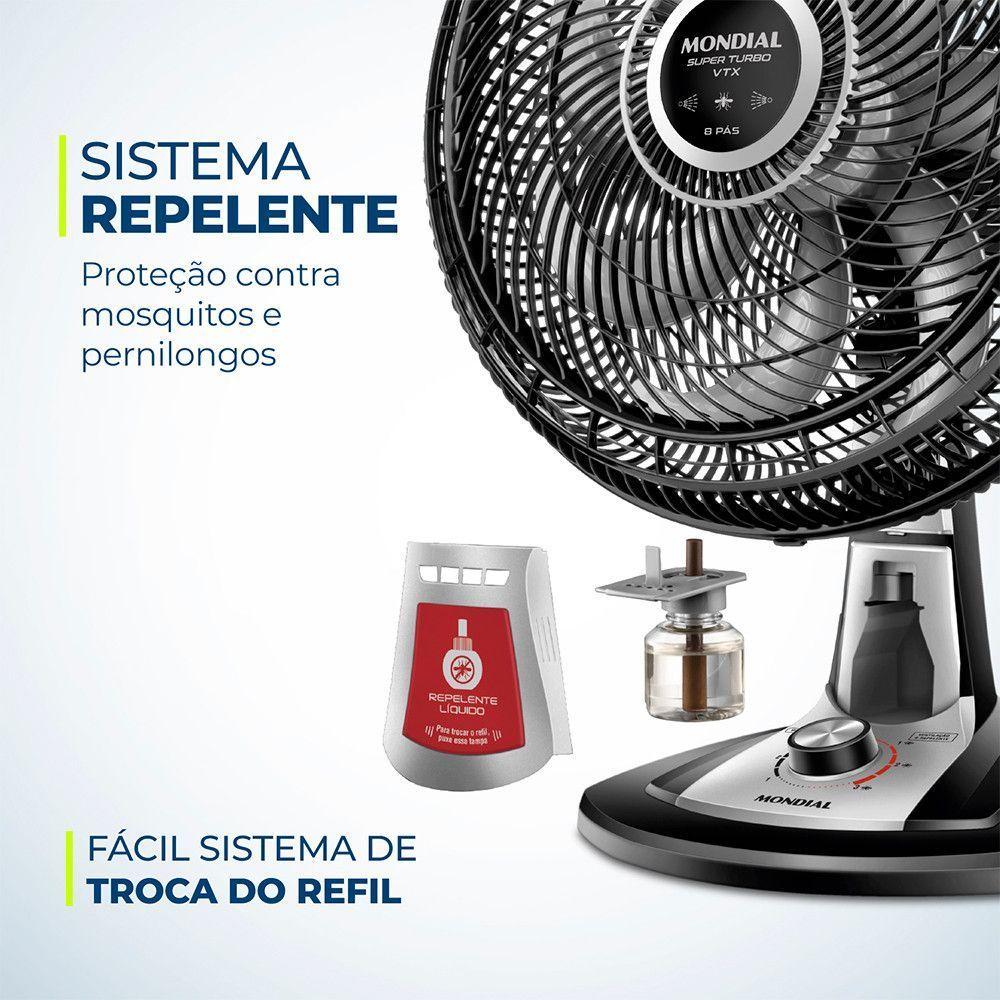 Ventilador De Mesa 40cm Mondial Vtx-40-8p-rl Turbo 8 Pas Repelente Liquido Preto Com Prata 220 V