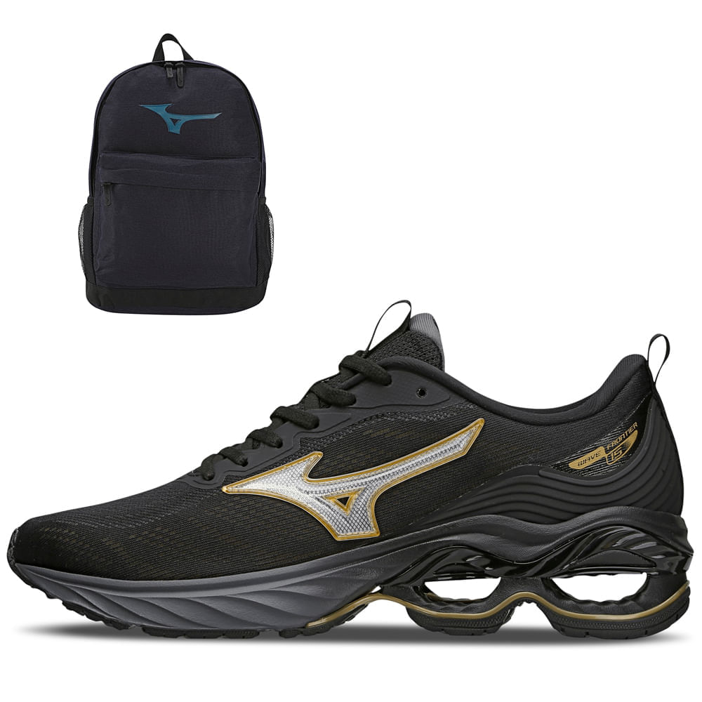Miniatura Kit 1 Tênis de Corrida Masculino Mizuno Wave Frontier 15 e 1 Mochila Mizuno Energy Preto - 39