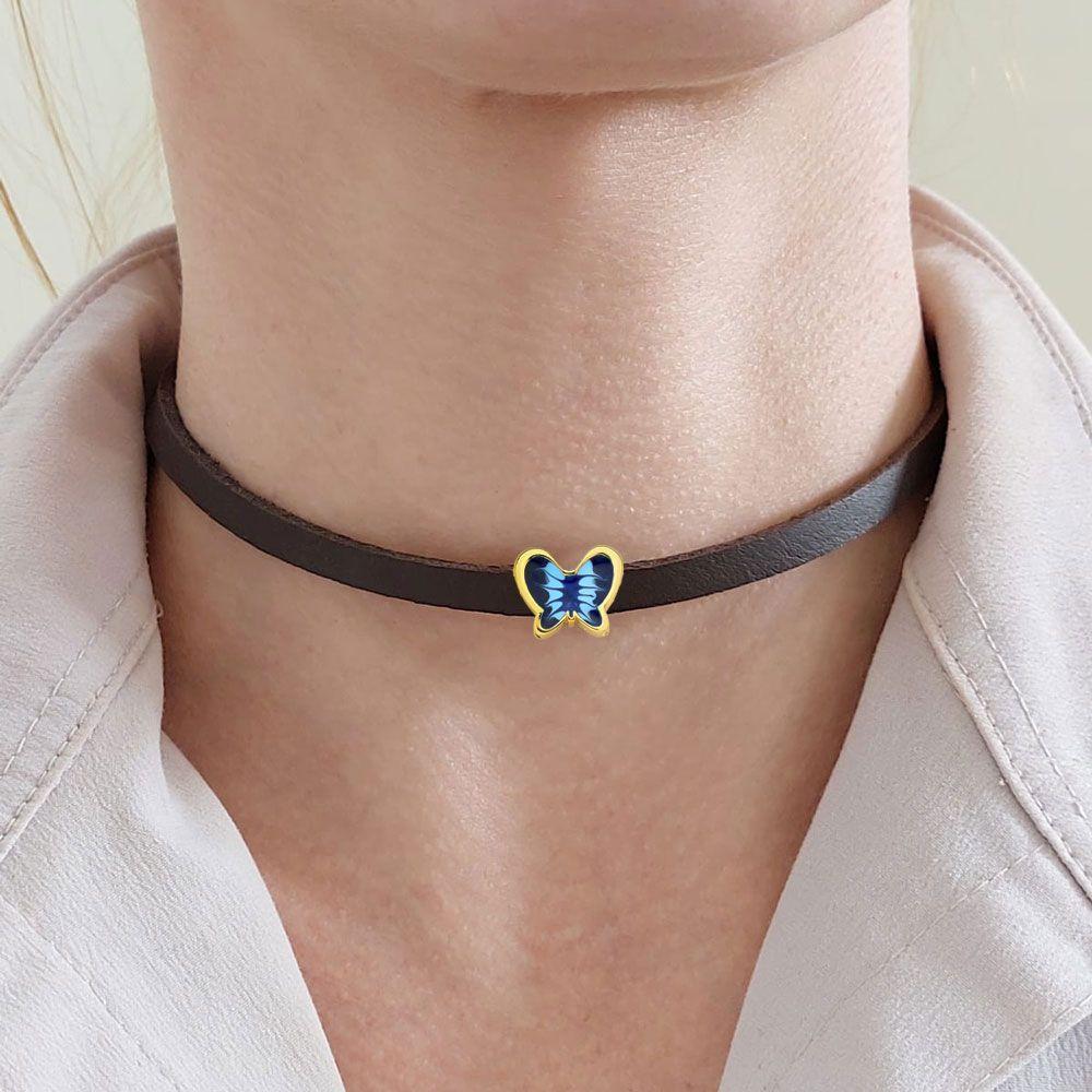 Miniatura Choker Em Couro Com Borboleta-azul Revestida Em Ouro