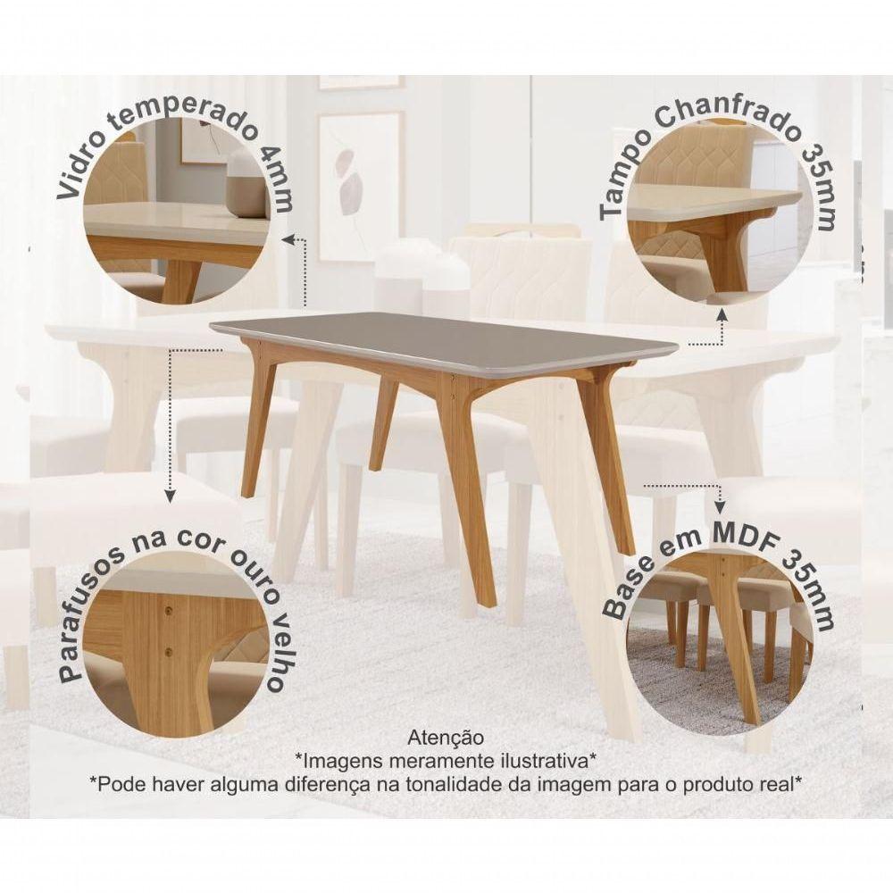 Miniatura Conjunto Sala De Jantar 180x90 Tampo Mdf/vidro 6 Cadeiras Nature/off White/madeira/joli