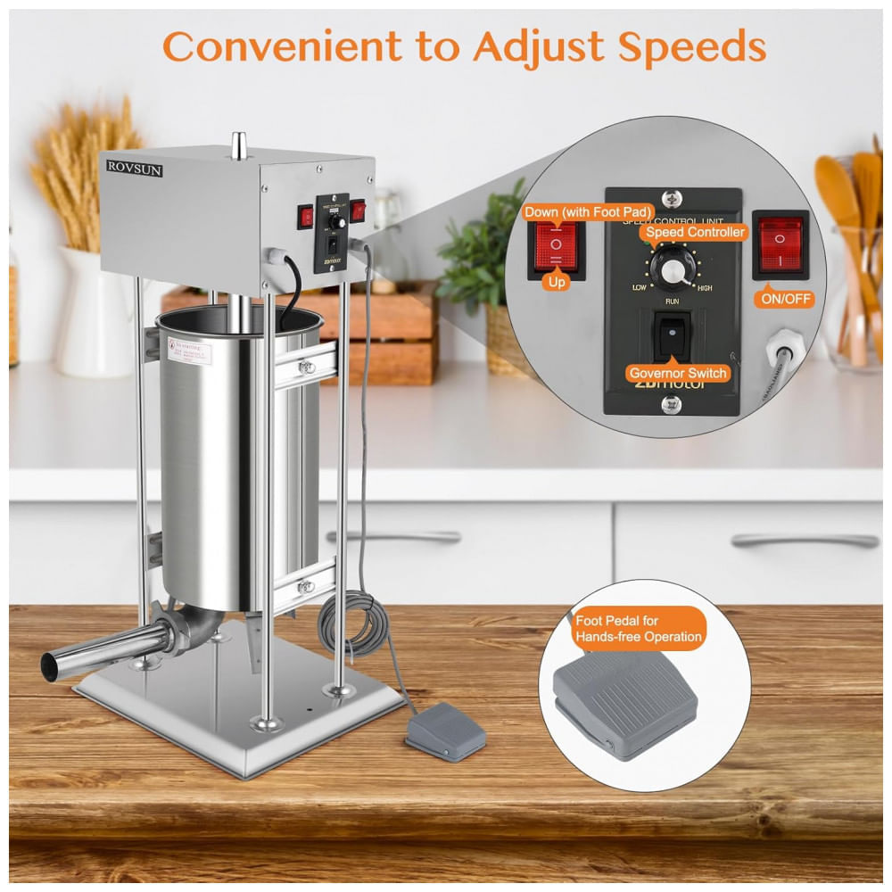 Máquina de Encher Linguiça Elétrica ROVSUN 24,3 libras, Modeladora Vertical Ajustável de Aço Inoxidável Pesado, Enchedor de Carne com 5 Tubos
