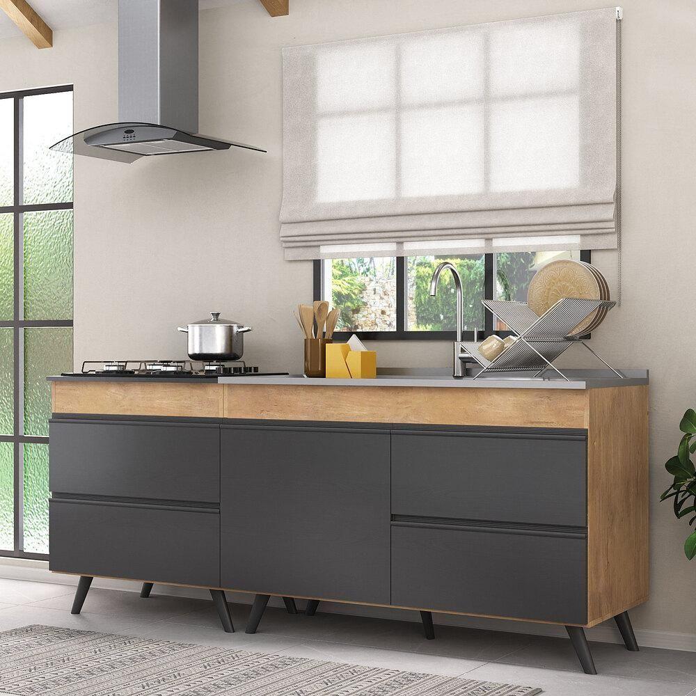 Miniatura Kit 2 Balcões Gabinete Pia 120cm + Cooktop 70cm preto