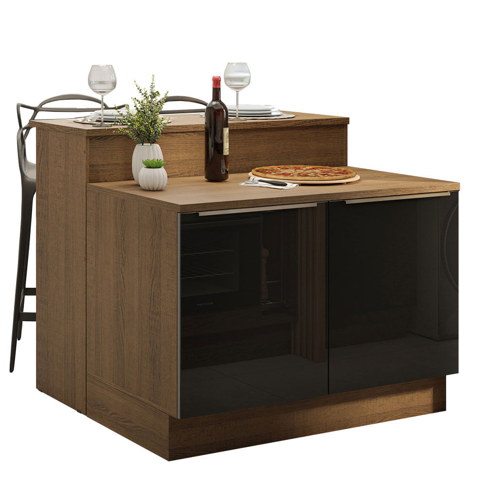 Ilha de Cozinha com Bancada e Balcão 120 cm Rustic/Preto Lux Madesa Cor:Rustic/Preto