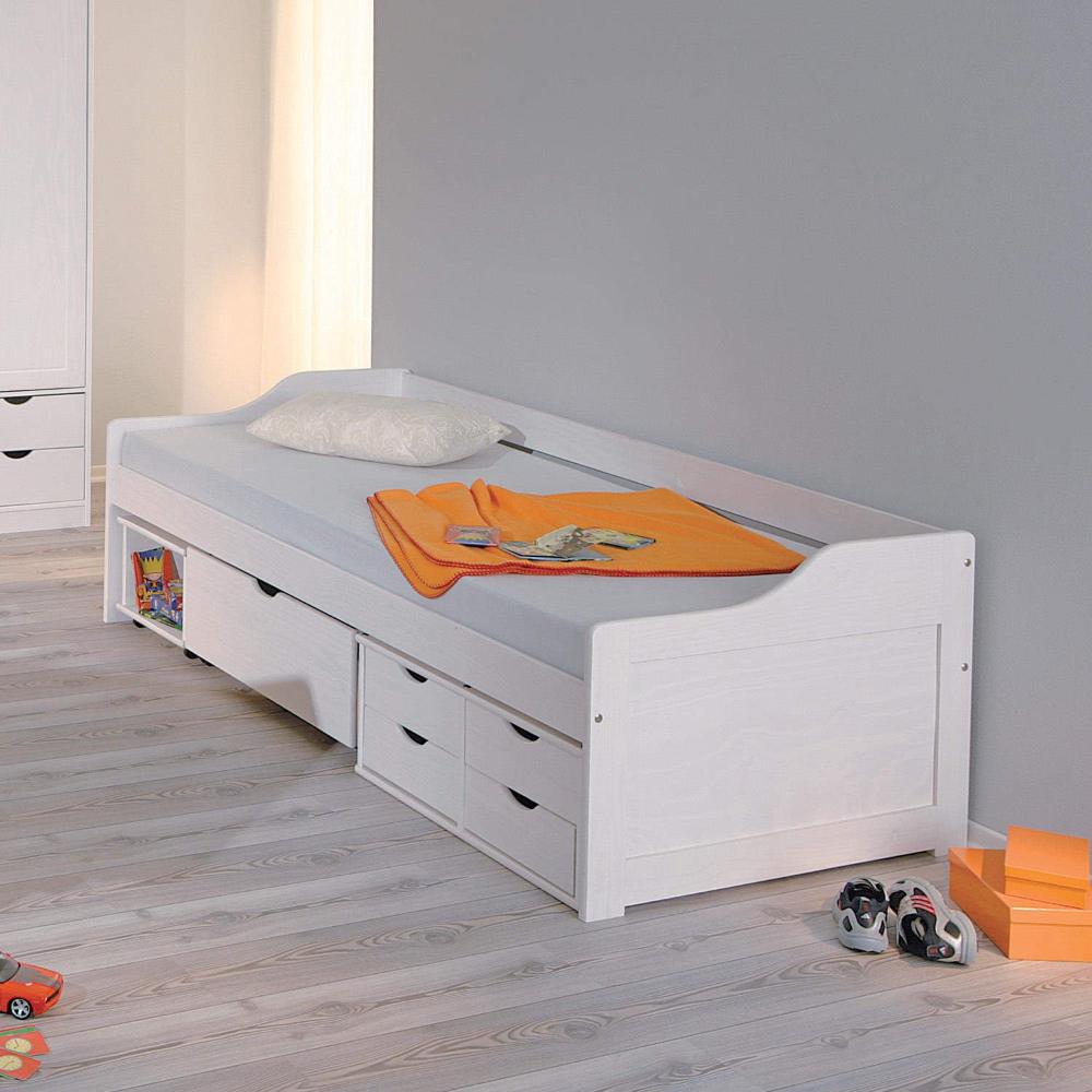 Cama Solteiro 5 Gavetas e Nicho Madeira Maciça Floro Inter Link Branco Lavado