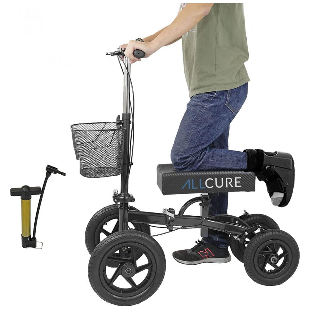 Miniatura Andador 4 Rodas Dobrável com Cesta e Apoio para Joelho Ideal para Lesões Suporta 136kg, ALLCURE, Preto