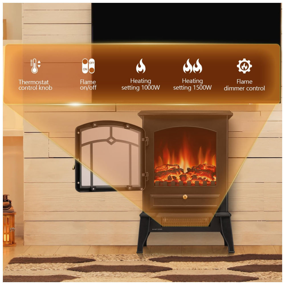 Miniatura Lareira Elétrica Portátil com Termostato e Efeitos de Chama Realistas em 3D, 110V 1500W, RWFLAME, Preta