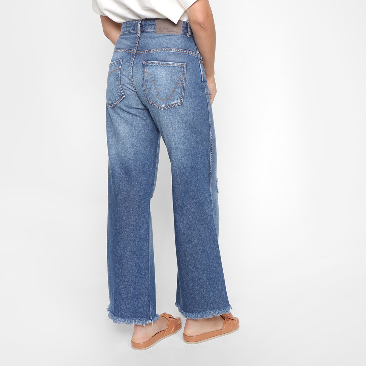 Miniatura Calça Jeans Cantão Wide Leg Maxi Rasgo Feminina Azul - 40