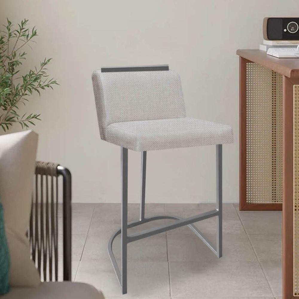 Miniatura Kit 04 Banquetas Com Encosto Nynna Luxo Confort Bistrô Cozinha Ferro Cinza Linho Bege - Amey Decor