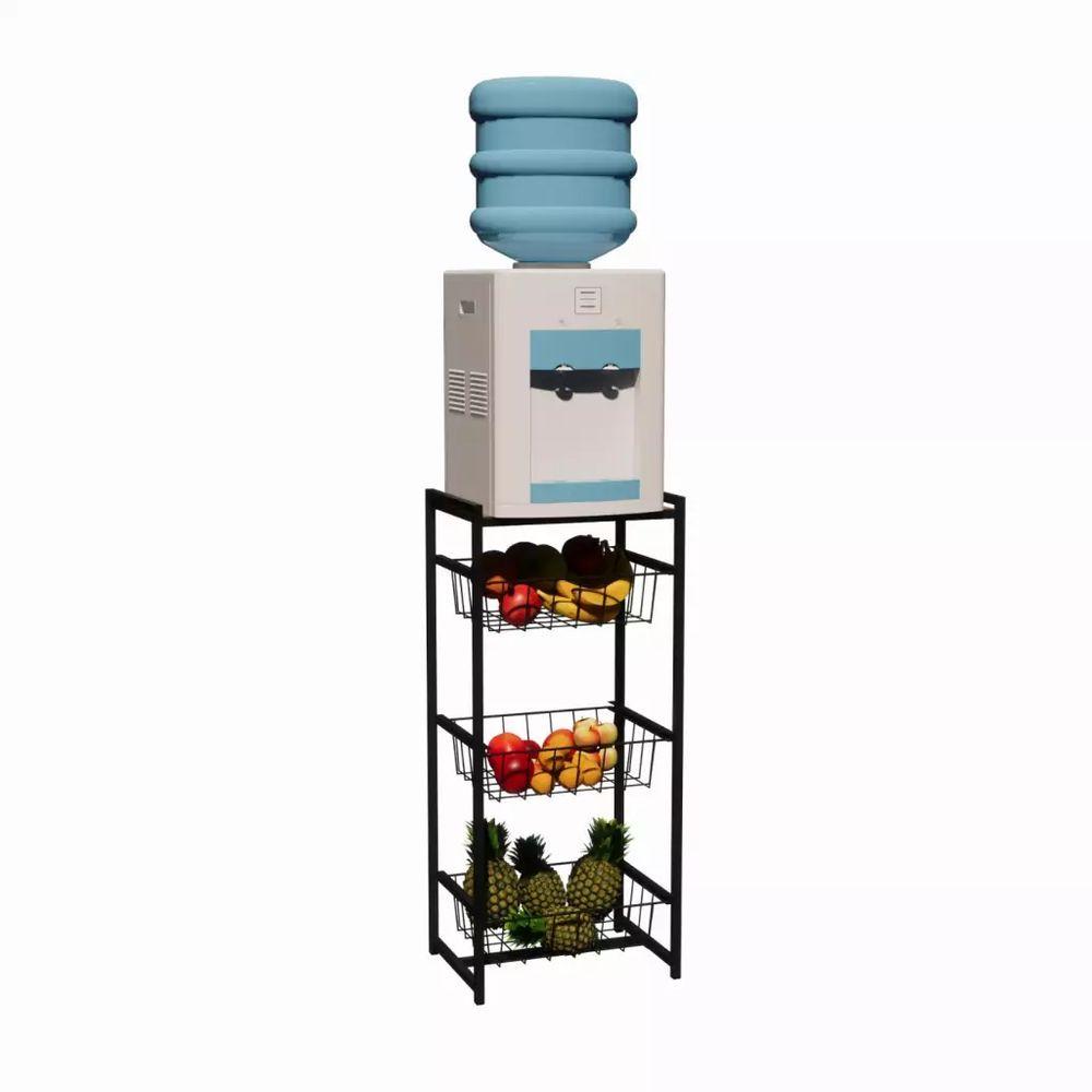 Miniatura Fruteira 3 Cestos Cozinha Preto Em Aço Base Amadeirado