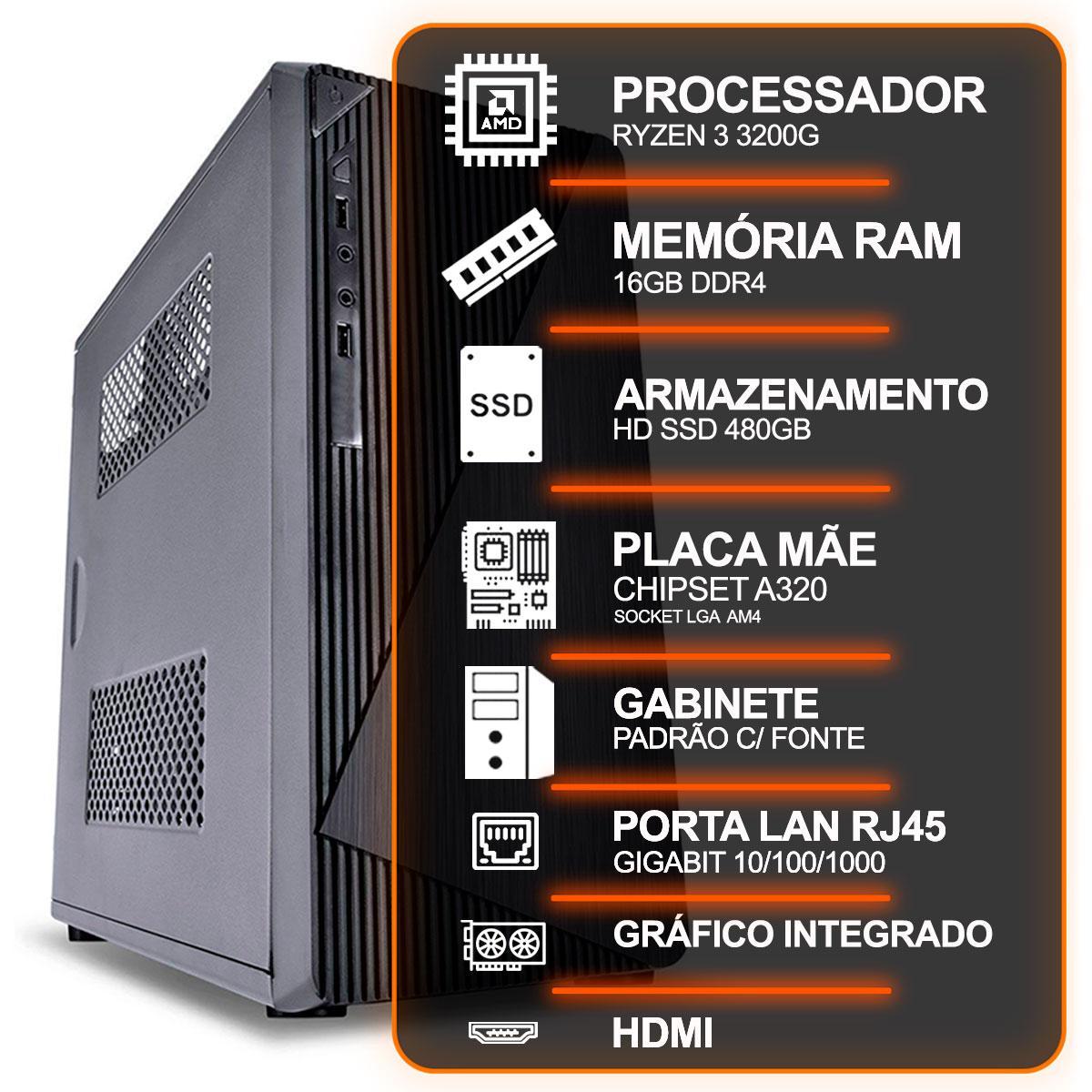 Miniatura Computador Desktop Amd Ryzen 3 3200G 3.6Ghz, 16Gb Ddr4, Ssd