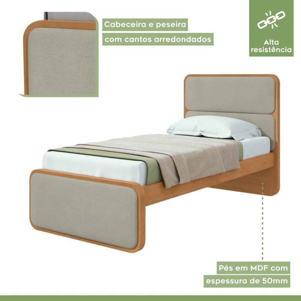 Quarto Infantil com 2 Camas Solteiro Loop Tecido Boucle e Mesa de Cabeceira 2 Gavetas Loop Amendoa Clean/Salvia