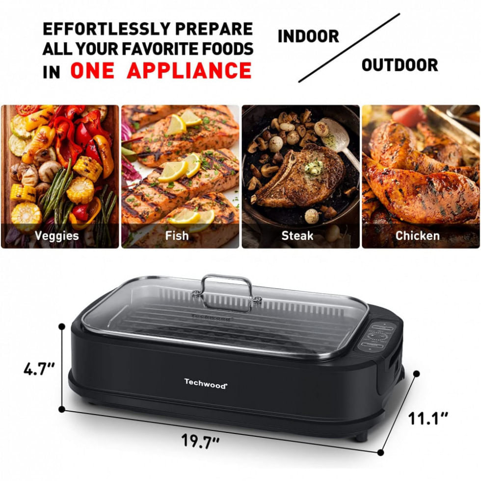 Miniatura Churrasqueira Grill Elétrica com Tampa de Vidro Temperado e Placa Antiaderente, 110V 1500W, Techwood, Preta